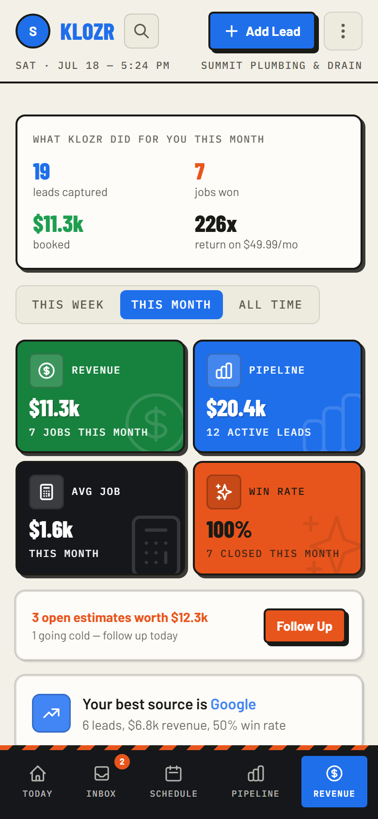 Klozr revenue screen — jobs won and return on cost